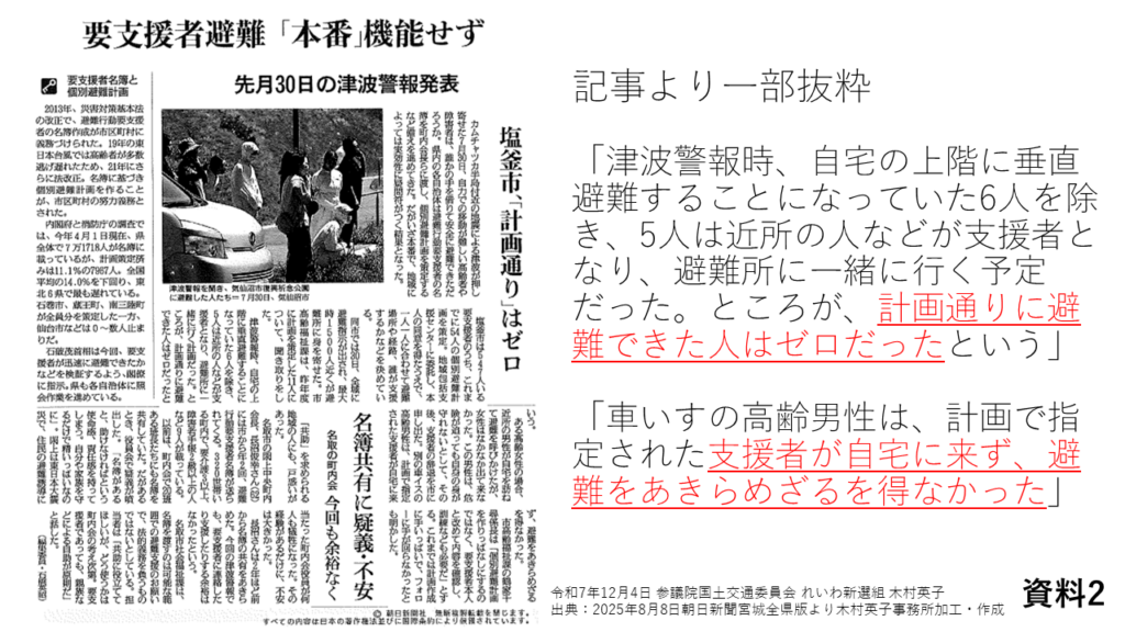 資料２：新聞記事抜粋
出典：2025年8月8日毎日新聞宮城県版より木村英子事務所加工・作成